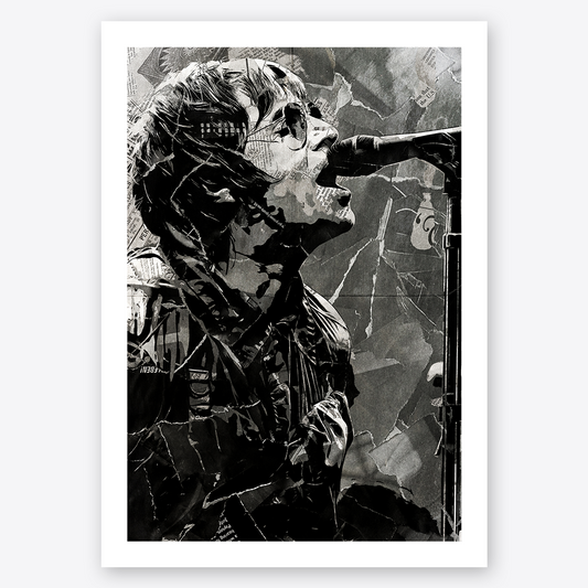 A Liam Gallagher poster design - a portrait of Liam made using a collage of torn pieces of magazine pages in black and white.