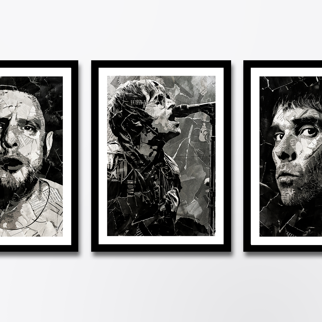 A Liam Gallagher poster design - a portrait of Liam made using a collage of torn pieces of magazine pages in black and white.