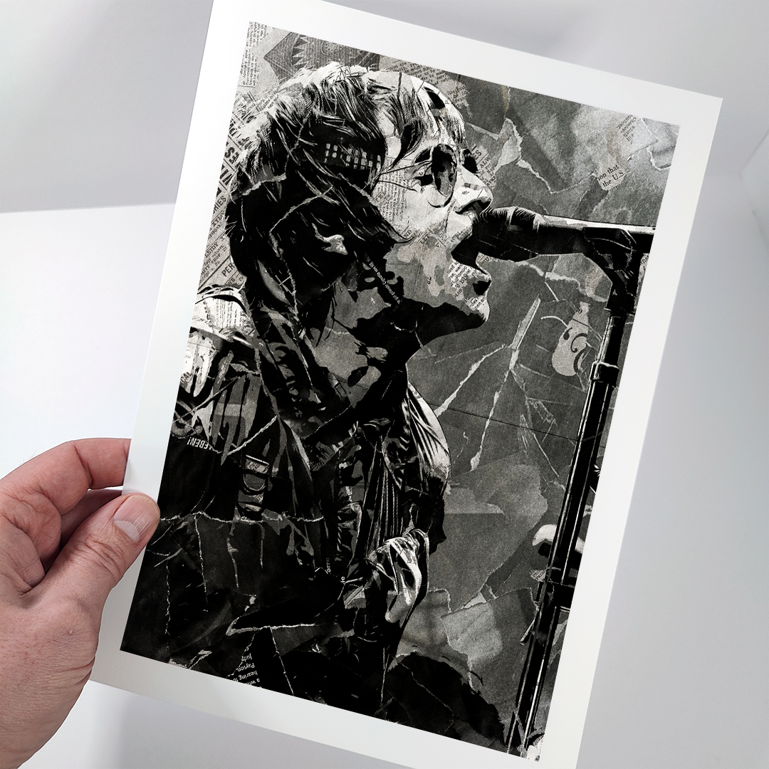 A Liam Gallagher poster design - a portrait of Liam made using a collage of torn pieces of magazine pages in black and white.