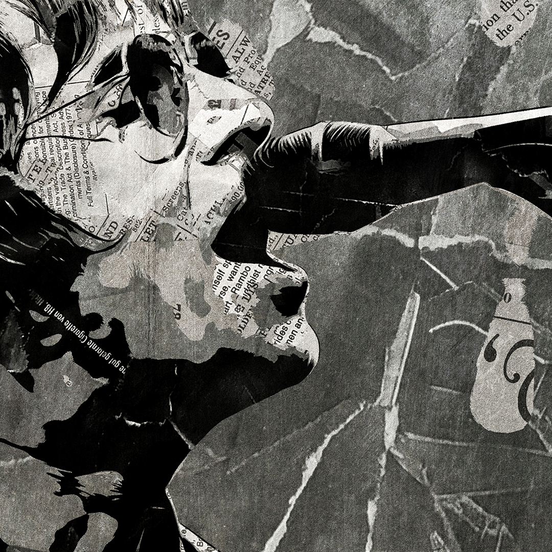 A Liam Gallagher poster design - a portrait of Liam made using a collage of torn pieces of magazine pages in black and white.