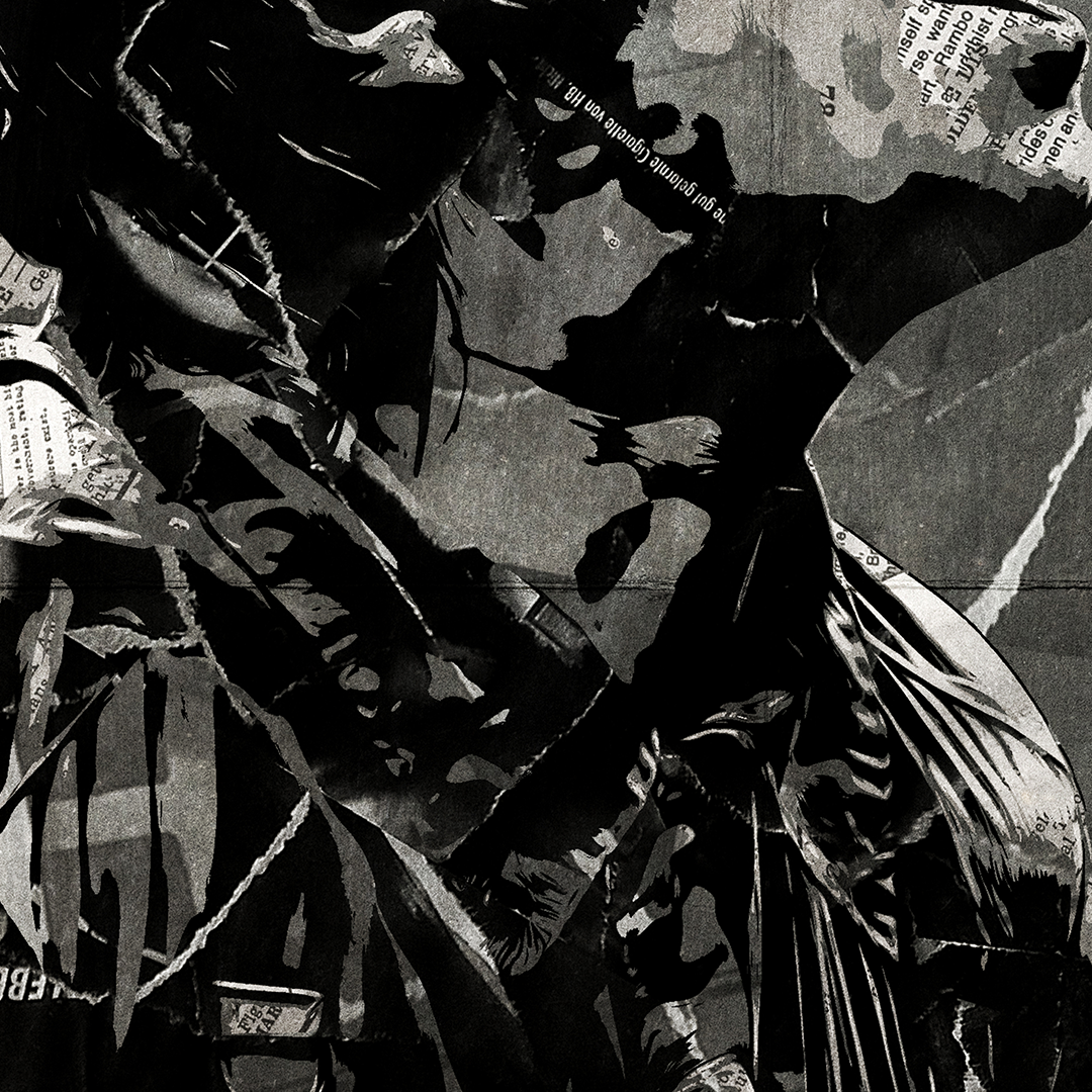 A Liam Gallagher poster design - a portrait of Liam made using a collage of torn pieces of magazine pages in black and white.