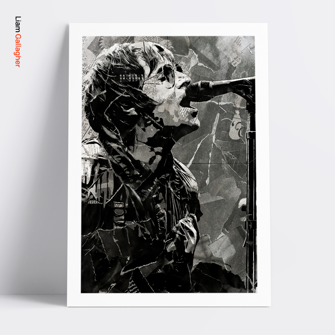 A Liam Gallagher poster design - a portrait of Liam made using a collage of torn pieces of magazine pages in black and white.
