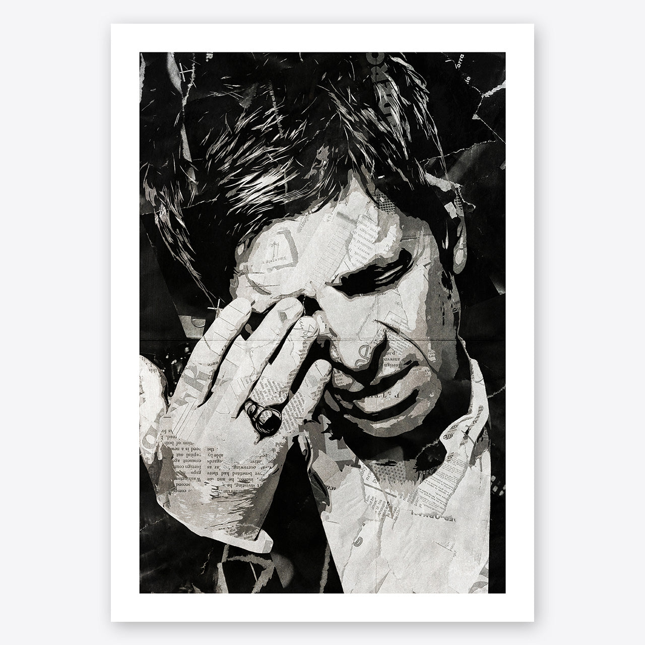 A digital collage portrait of Noel Gallagher of Oasis and High Flying Birds created using ripped up magazines and newspaper. An archival standard quality print from The Building House.