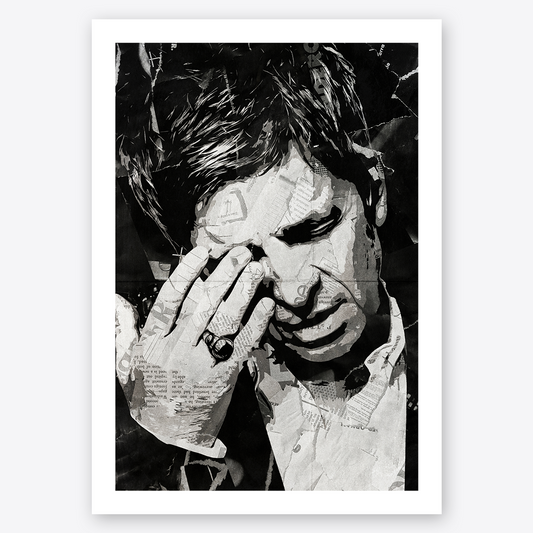 A Noel Gallagher poster design - a portrait of Noel made using a collage of torn pieces of magazine pages in black and white.