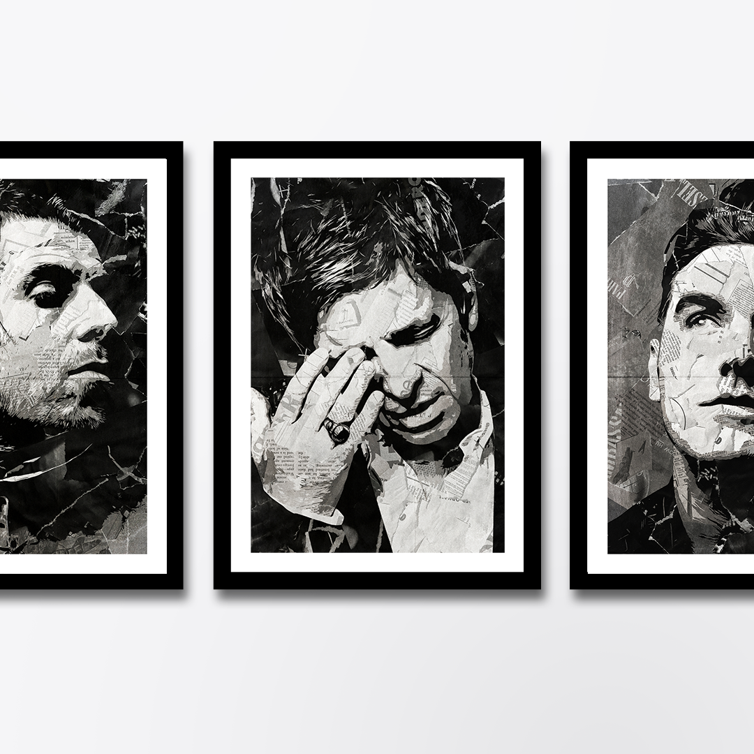 A Noel Gallagher poster design - a portrait of Noel made using a collage of torn pieces of magazine pages in black and white.