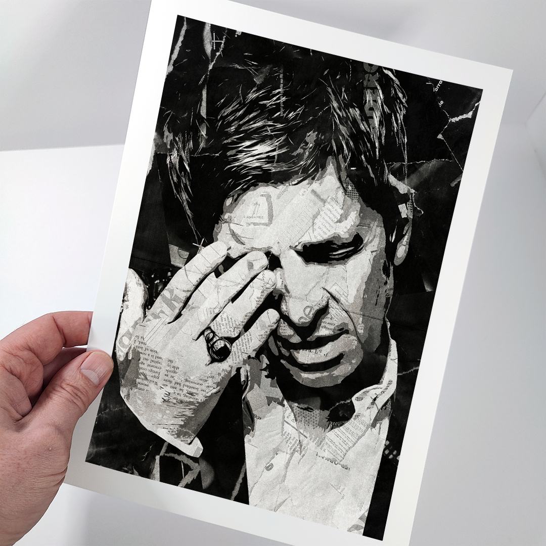 A Noel Gallagher poster design - a portrait of Noel made using a collage of torn pieces of magazine pages in black and white.