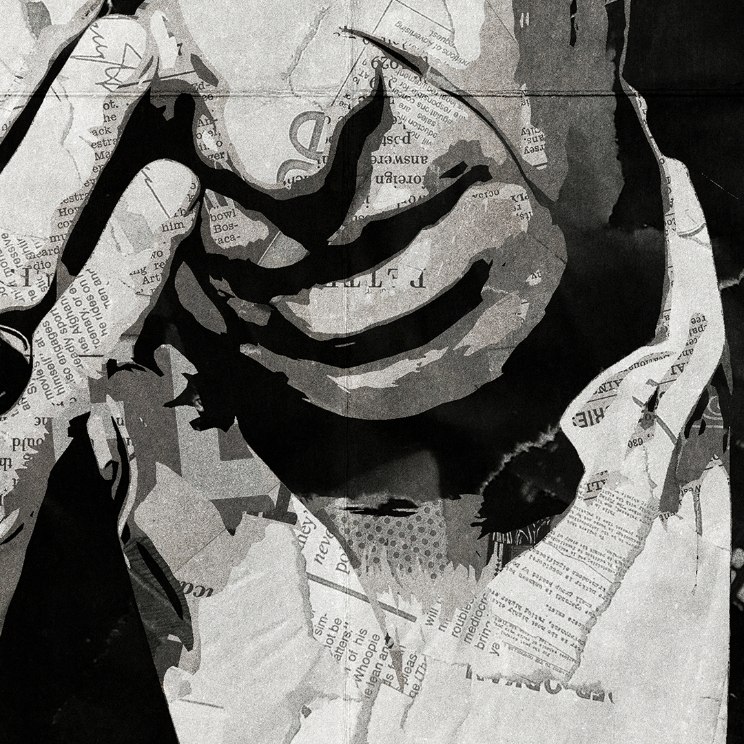A Noel Gallagher poster design - a portrait of Noel made using a collage of torn pieces of magazine pages in black and white.