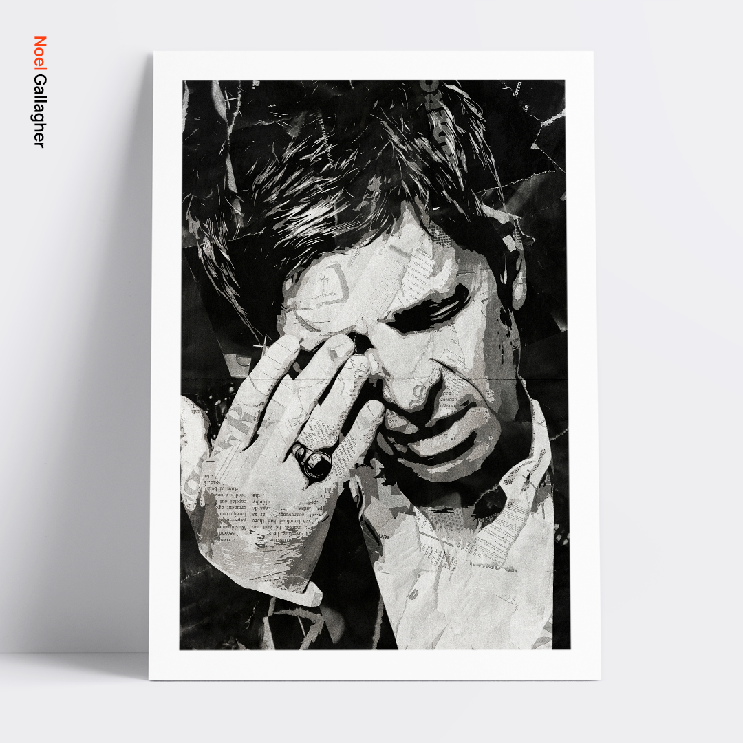 A Noel Gallagher poster design - a portrait of Noel made using a collage of torn pieces of magazine pages in black and white.