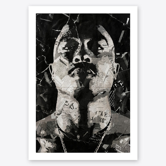 A digital collage portrait of Tupac Shakur aka 2pac created using ripped up magazines and newspaper. An archival standard quality print from The Building House.