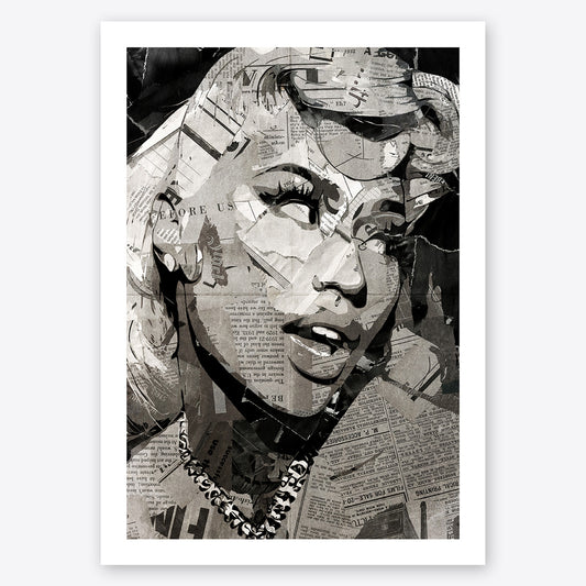 A digital collage portrait of Nicki Minaj created using ripped up magazines and newspaper. An archival standard quality print from The Building House.