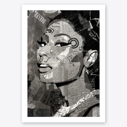 A digital collage portrait of Nicki Minaj created using ripped up magazines and newspaper. An archival standard quality print from The Building House.