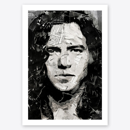 A digital collage portrait of Eddie Vedder of Pearl Jam created using ripped up magazines and newspaper. An archival standard quality print from The Building House.