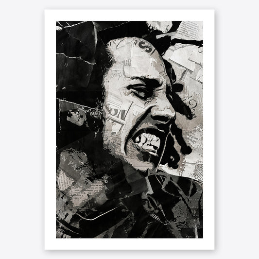 A digital collage portrait of Zack de la Rocha of Rage Against the Machine created using ripped up magazines and newspaper. An archival standard quality print from The Building House.