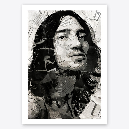 A digital collage portrait of John Frusciante of the Red Hot Chili Peppers created using ripped up magazines and newspaper. An archival standard quality print from The Building House.