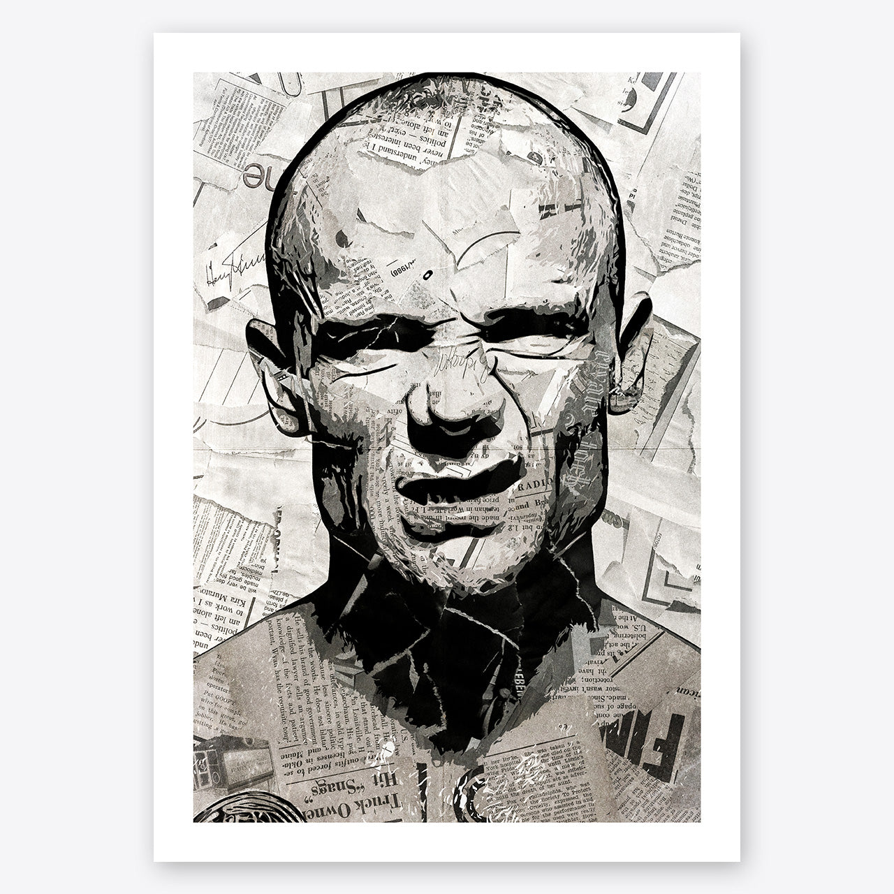 A digital collage portrait of Flea of the Red Hot Chili Peppers created using ripped up magazines and newspaper. An archival standard quality print from The Building House.