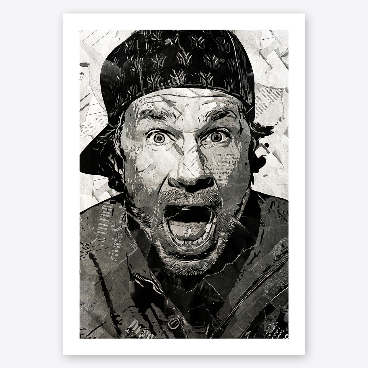 A digital collage portrait of Chad Smith of the Red Hot Chili Peppers created using ripped up magazines and newspaper. An archival standard quality print from The Building House.