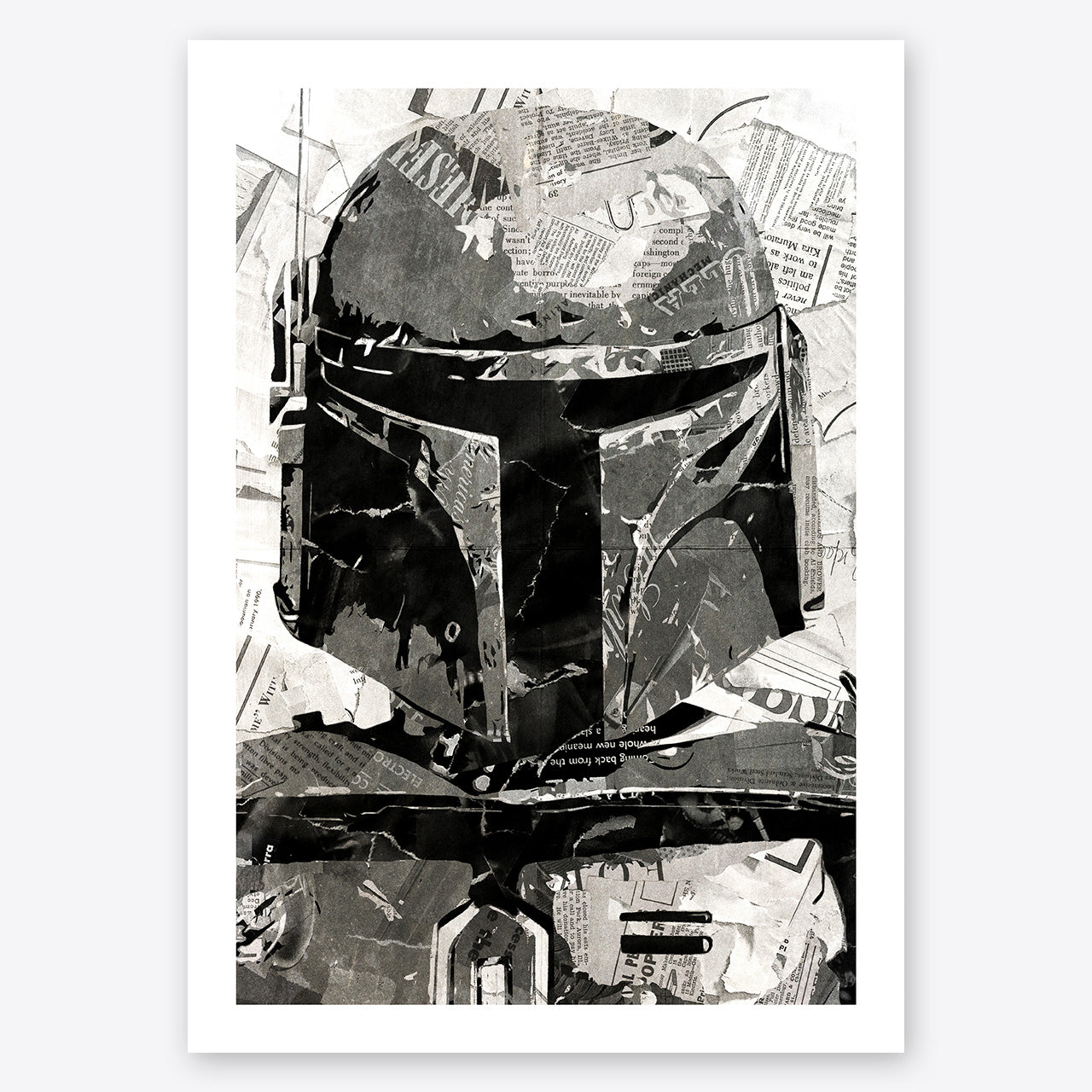 A digital collage portrait of Boba Fett from the Star Wars movies created using ripped up magazines and newspaper. An archival standard quality print from The Building House.