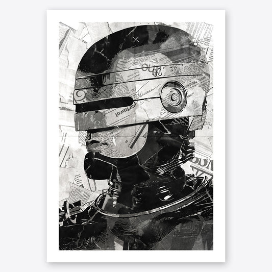 A digital collage portrait of Peter Weller as Robocop created using ripped up magazines and newspaper. An archival standard quality print from The Building House.