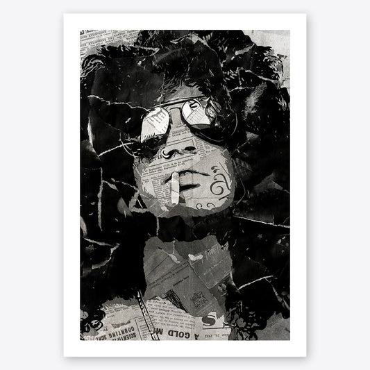 A digital collage portrait of Slash of Guns N' Roses created using ripped up magazines and newspaper. An archival standard quality print from The Building House.