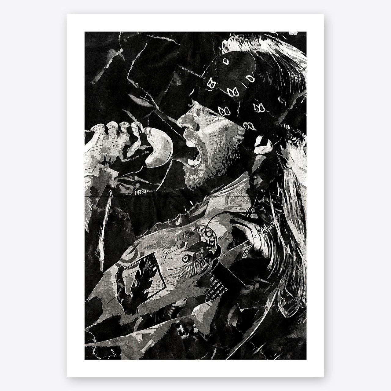 A digital collage portrait of Axl Rose of Guns N' Roses created using ripped up magazines and newspaper. An archival standard quality print from The Building House.