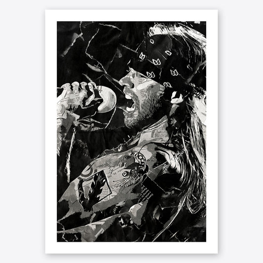 A digital collage portrait of Axl Rose of Guns N' Roses created using ripped up magazines and newspaper. An archival standard quality print from The Building House.