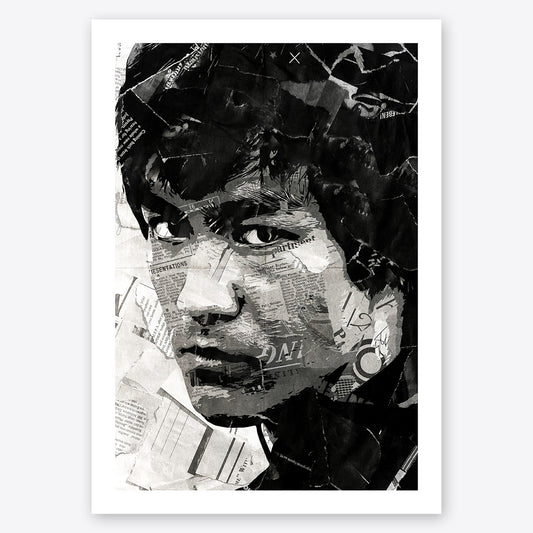 A digital collage portrait of Bruce Lee created using ripped up magazines and newspaper. An archival standard quality print from The Building House.