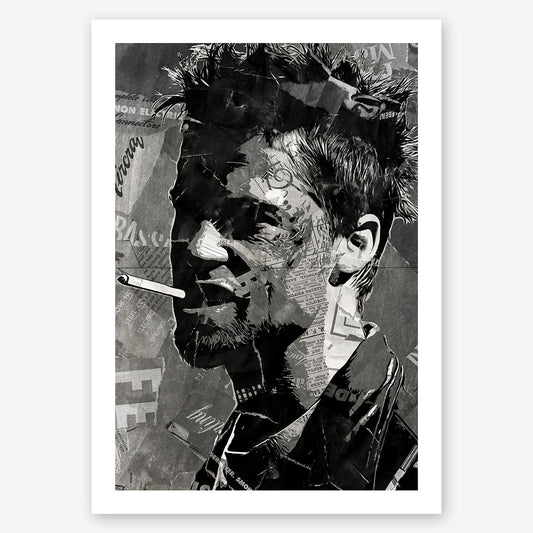 A digital collage portrait of Brad Pitt as Tyler Durden from the movie Fight Club created using ripped up magazines and newspaper. An archival standard quality print from The Building House.