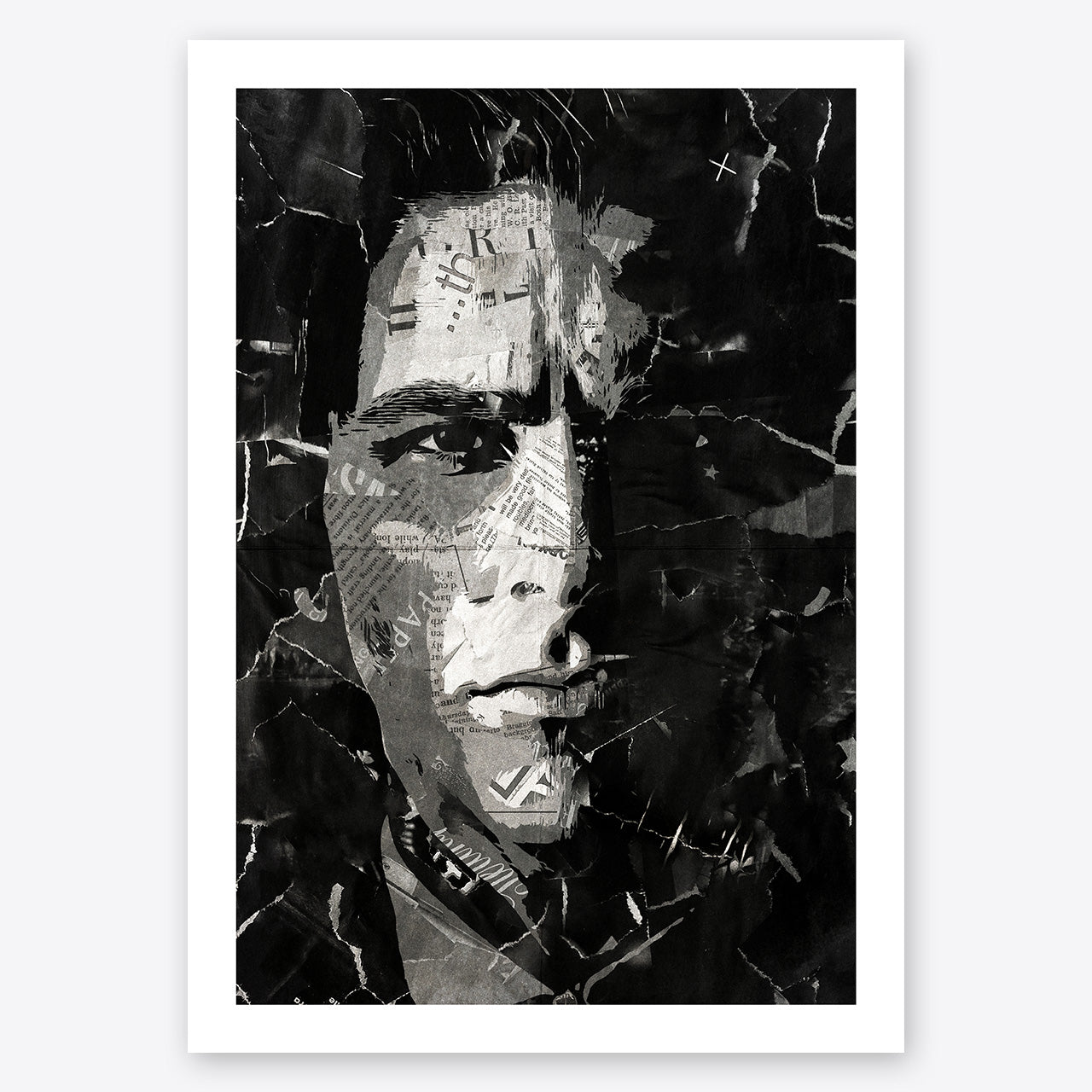 A digital collage portrait of Christian Bale playing Patrick Bateman in the movie American Psycho created using ripped up magazines and newspaper. An archival standard quality print from The Building House.