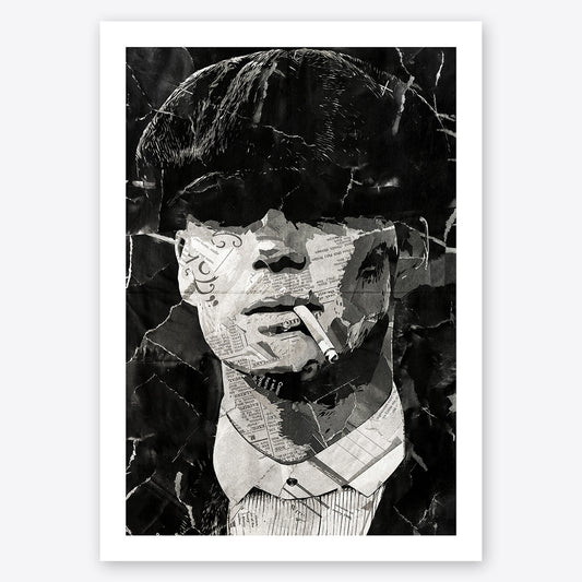 A digital collage portrait of Cillian Murphy as Tommy Shelby from the TV series Peaky Blinders created using ripped up magazines and newspaper. An archival standard quality print from The Building House.