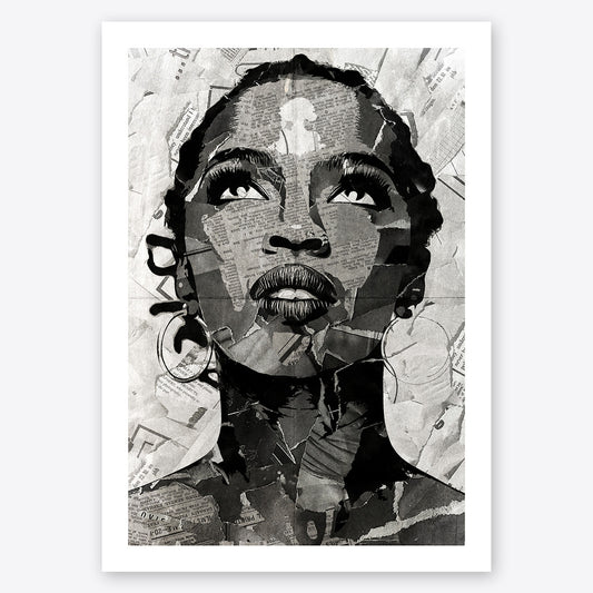 A digital collage portrait of Lauryn Hill of Fugees created using ripped up magazines and newspaper. An archival standard quality print from The Building House.