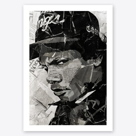 A digital collage portrait of Eazy-E of NWA created using ripped up magazines and newspaper. An archival standard quality print from The Building House.