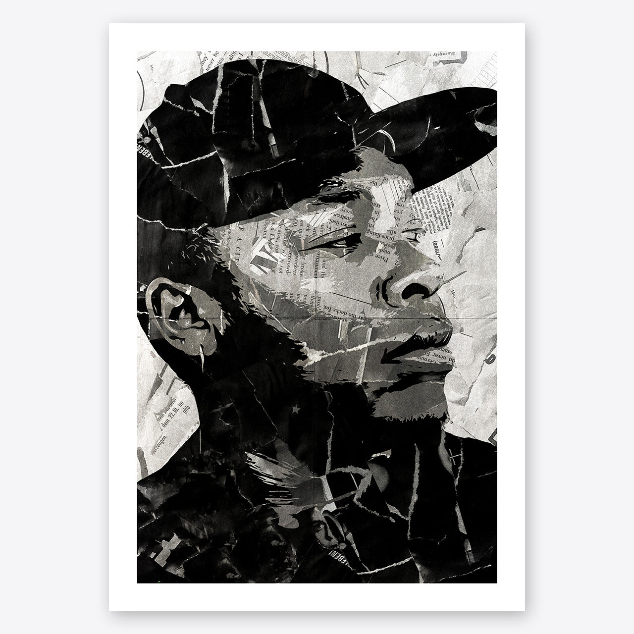 A digital collage portrait of Dr Dre created using ripped up magazines and newspaper. An archival standard quality print from The Building House.