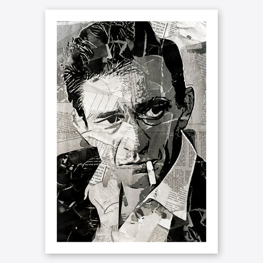 A digital collage portrait of Johnny Cash created using ripped up magazines and newspaper. An archival standard quality print from The Building House.