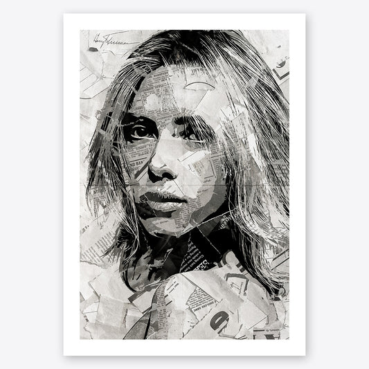 A digital collage portrait of Scarlett Johansson created using ripped up magazines and newspaper. An archival standard quality print from The Building House.