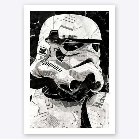A Stormtrooper poster design - a portrait of a Stormtrooper made using a collage of torn pieces of magazine pages in black and white.