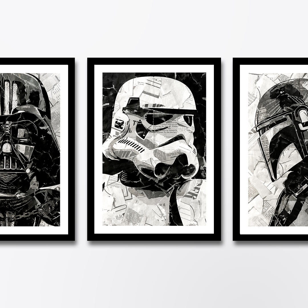 A Stormtrooper poster design - a portrait of a Stormtrooper made using a collage of torn pieces of magazine pages in black and white.
