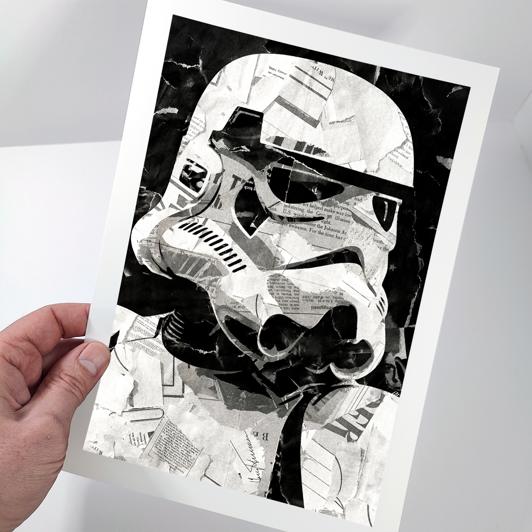 A Stormtrooper poster design - a portrait of a Stormtrooper made using a collage of torn pieces of magazine pages in black and white.