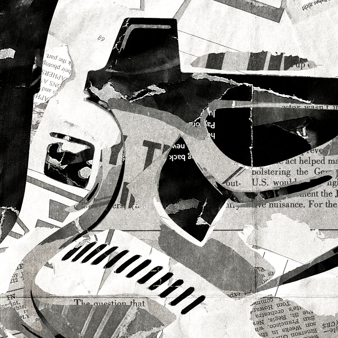 A Stormtrooper poster design - a portrait of a Stormtrooper made using a collage of torn pieces of magazine pages in black and white.