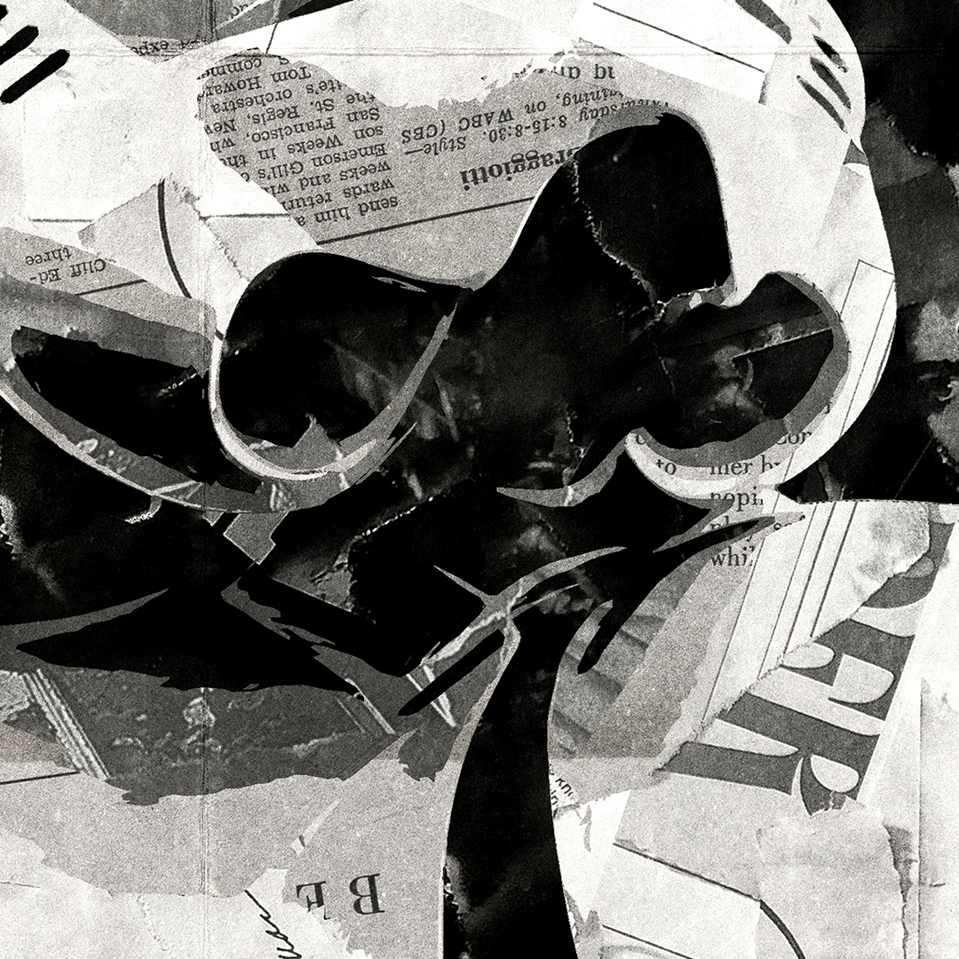 A Stormtrooper poster design - a portrait of a Stormtrooper made using a collage of torn pieces of magazine pages in black and white.