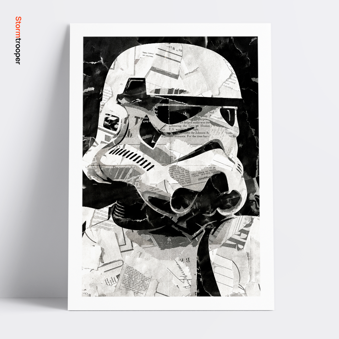 A Stormtrooper poster design - a portrait of a Stormtrooper made using a collage of torn pieces of magazine pages in black and white.