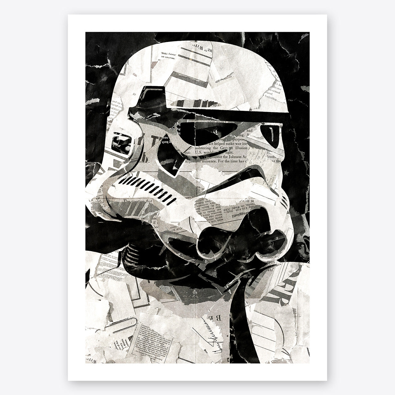 A digital collage portrait of an original trilogy Stormtrooper from the Star Wars movies created using ripped up magazines and newspaper. An archival standard quality print from The Building House.