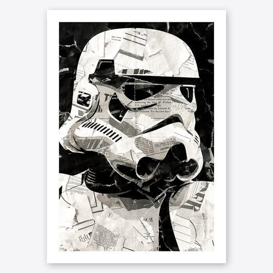 A digital collage portrait of an original trilogy Stormtrooper from the Star Wars movies created using ripped up magazines and newspaper. An archival standard quality print from The Building House.