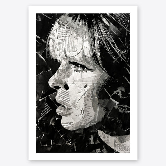 A digital collage portrait of Nico of Velvet Underground created using ripped up magazines and newspaper. An archival standard quality print from The Building House.