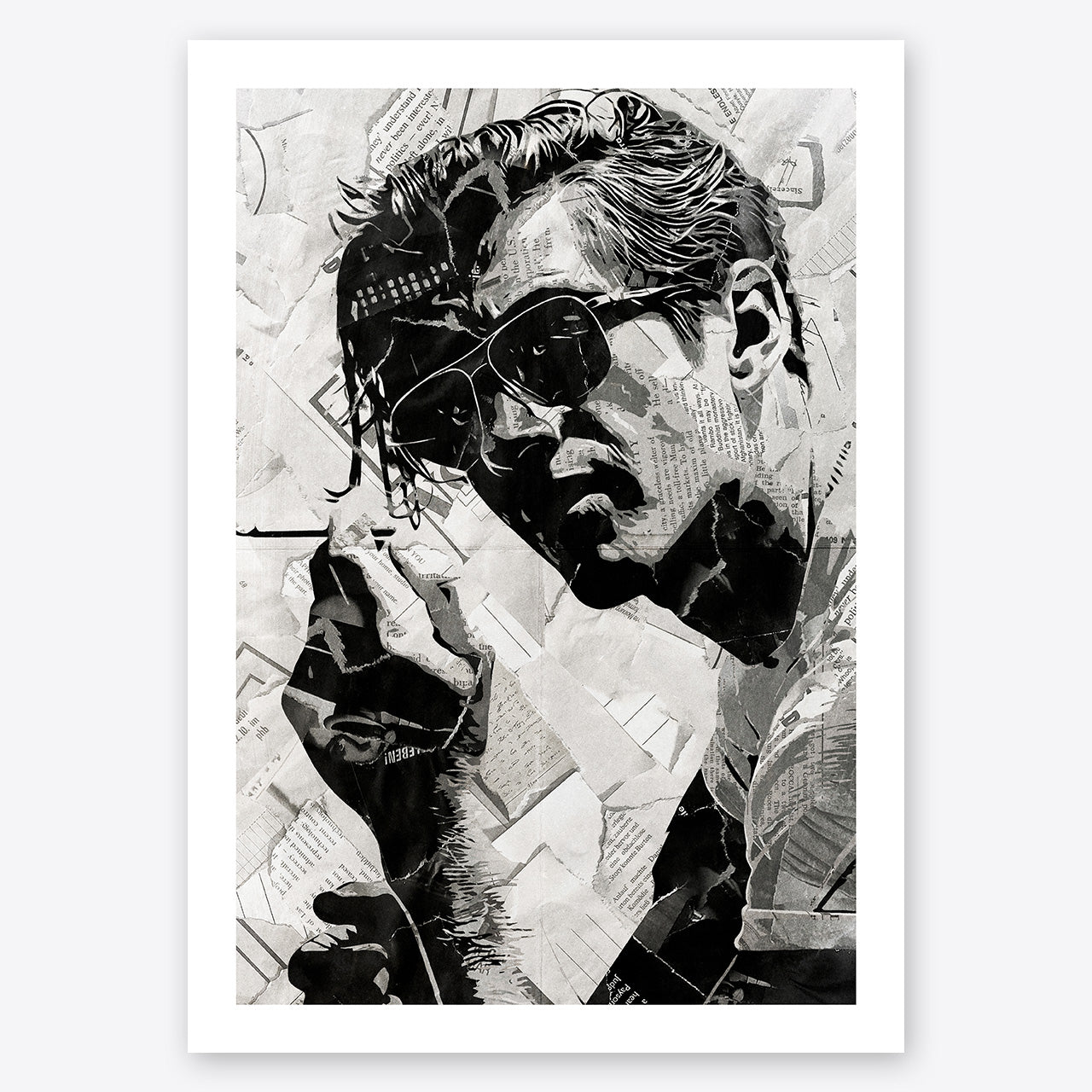 A digital collage portrait of Alex Turner of the Arctic Monkeys created using ripped up magazines and newspaper. An archival standard quality print from The Building House.