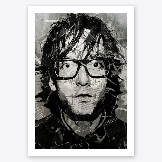 A digital collage portrait of Jarvis Cocker of Pulp created using ripped up magazines and newspaper. An archival standard quality print from The Building House.