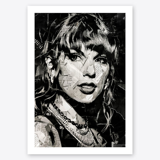 A digital collage portrait of Taylor Swift created using ripped up magazines and newspaper. An archival standard quality print from The Building House.