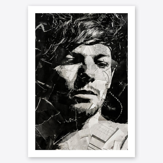 A digital collage portrait of Louis Tomlinson created using ripped up magazines and newspaper. An archival standard quality print from The Building House.