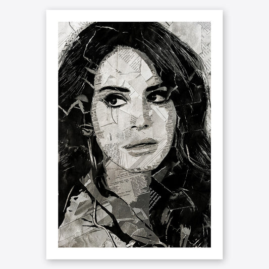 A digital collage portrait of Lana Del Rey created using ripped up magazines and newspaper. An archival standard quality print from The Building House.