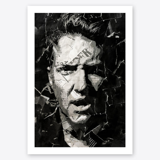 A digital collage portrait of Josh Homme of Queens of the Stone Age created using ripped up magazines and newspaper. An archival standard quality print from The Building House.