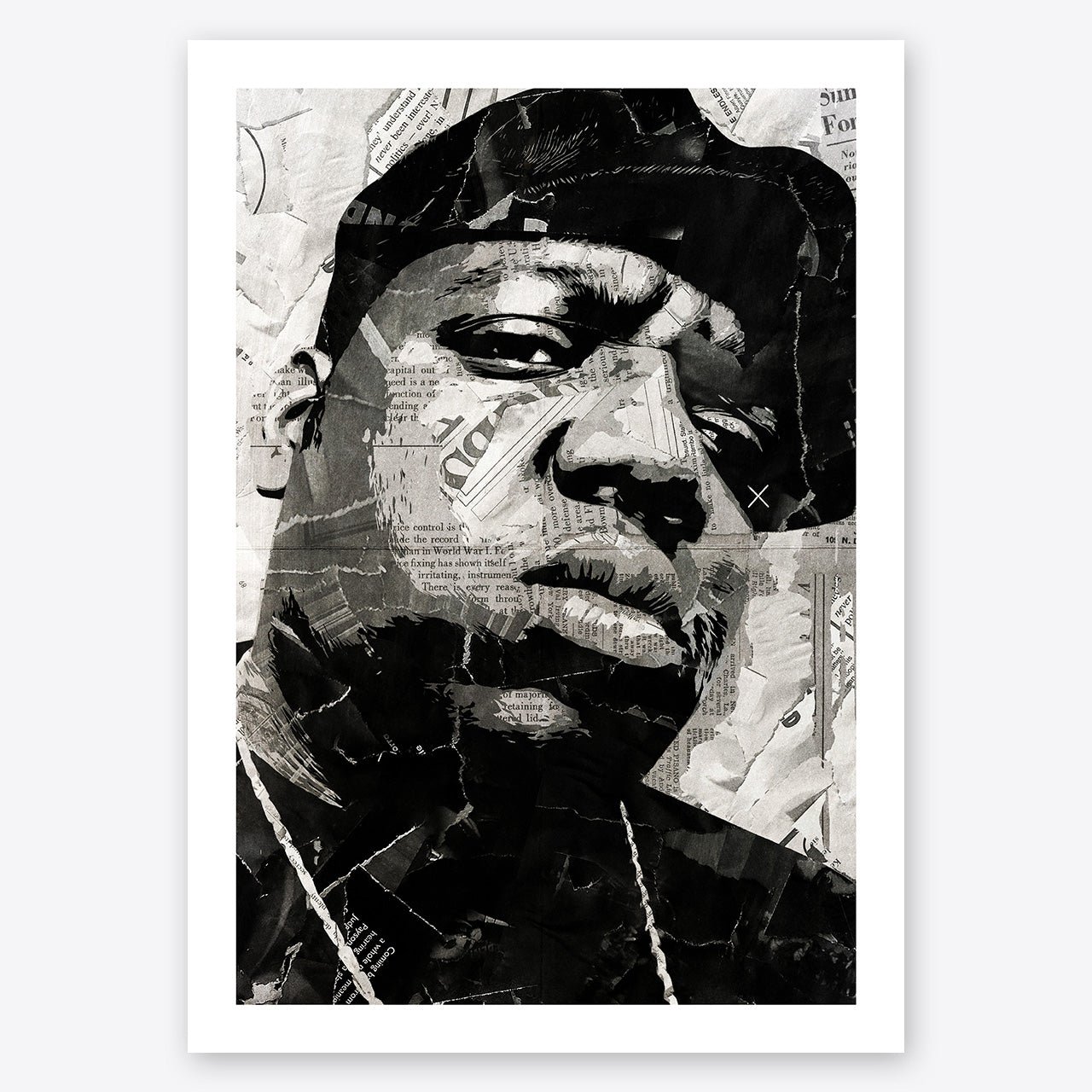 A digital collage portrait of Notorious BIG aka Biggie Smalls created using ripped up magazines and newspaper. An archival standard quality print from The Building House.